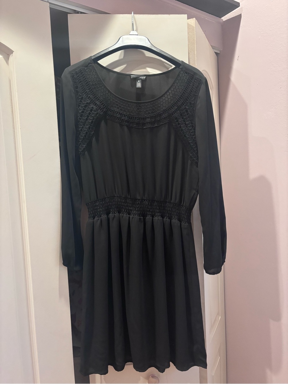 Aqua Black Long-Sleeve Smocked-Waist Dress
